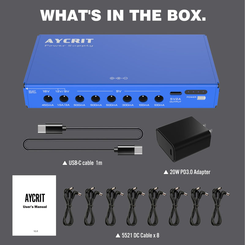 [New Version] AYCRIT Guitar Pedal Power Supply, Rechargeable 12800mAh 9 Outputs 9V2A/12V1.5A/18V450mA and 5V2A Type-C Port for iPhone ipad (MUSTAN-01) Style MUSTAN-01