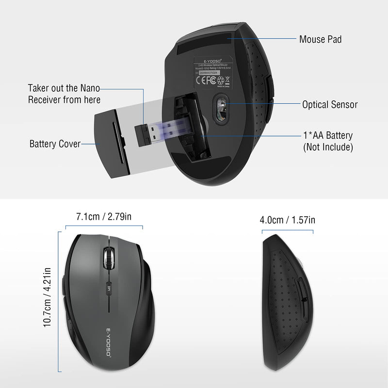 Wireless Mouse, E-YOOSO Computer Mouse 5 Adjustable DPI 6 Buttons Cordless Mouse Wireless Optical Mice with USB Nano Receiver, 2.4G Portable Ergonomic Wireless Mouse for Laptop/Windows/Mac/Office PC Grey