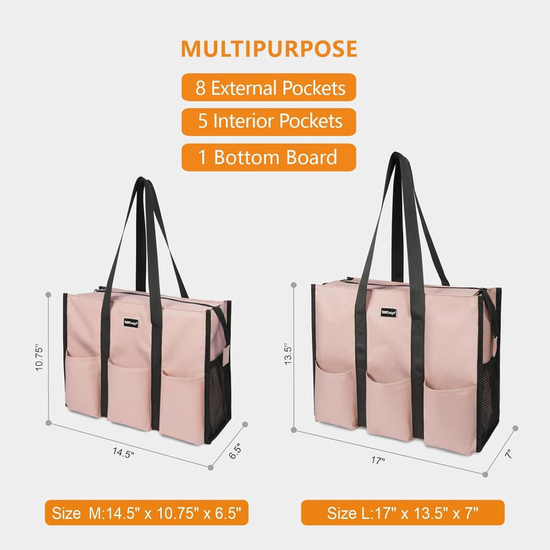 TOPDesign Utility Water Resistant Tote Bag with 13 Pockets, Top Zipper Closure & Thick Bottom Support, for Working Women Medium Pink