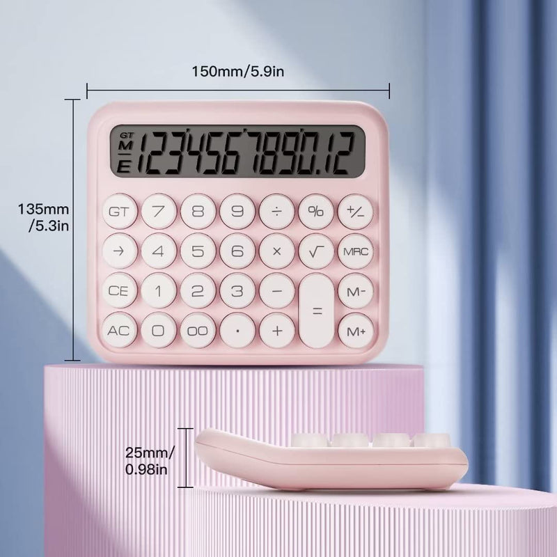 Mechanical Switch Calculator, Pink Calculator Cute 12 Digit Large LCD Display Big Button Calculator Clear Standard for Daily and Basic Office,Automatic Sleep,with Battery