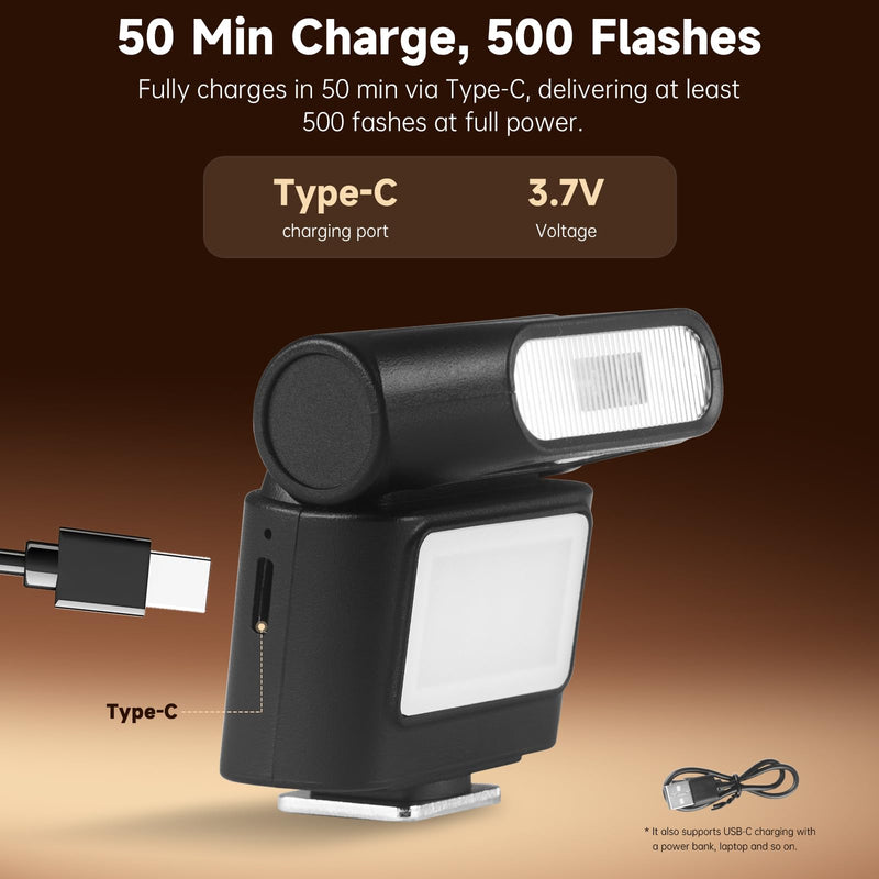 Mini Camera Flash Speedlite with Video Light, GN8 6500K Adjustable External Flash, Universal Single Contact Hot Shoe Mount, Compatible with Canon/Nikon/Sony/Fuji/DSLR Black A