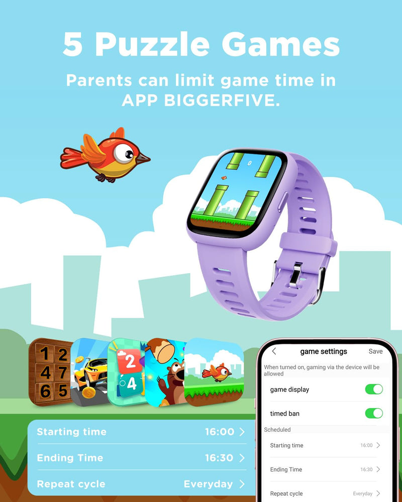 BIGGERFIVE Smart Watch for Kids, 1.8" Fitness Tracker Watch with Pedometer | Heart Rate, Sleep Monitor, IP68 Waterproof, Step Counter, Puzzle Games with/without App for Girls Teens 5-16 Lilac