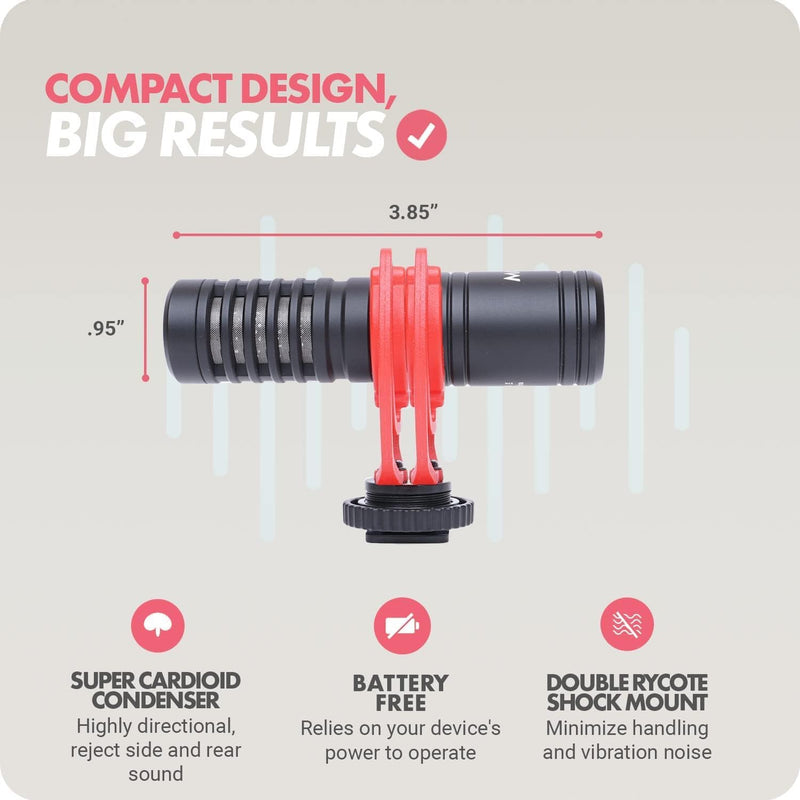Movo VXR10-PRO External Video Microphone for Camera with Rycote Lyre Shock Mount - Battery-Free ,Compact Shotgun Mic Compatible with DSLR Cameras and iPhone, Android Smartphones