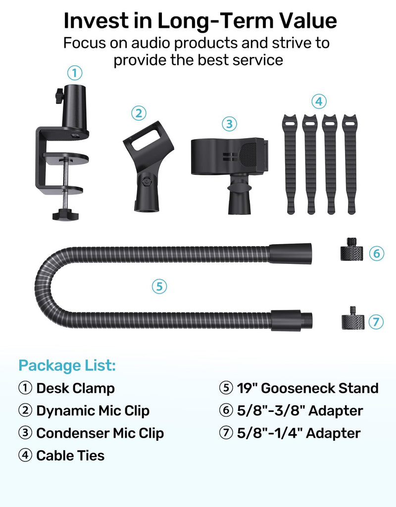 Gooseneck Mic Stand with Clamp, 19-Inch Flexible Desktop Microphone Arm Holder with 3/8" & 1/4" Screw Adapters, 360° Adjustable, Ideal for Podium, Pulpit, Lecture, Conference and Live Streaming