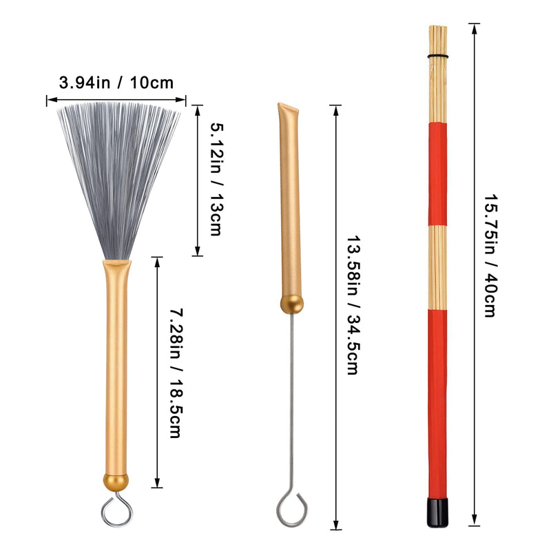 1 Pair Retractable Drum Wire Brushes with Comfortable Aluminum Handles and 1 Pair Rods Drum Sricks Brush for Jazz Cajon Folk Rock Band Drummers Amateurs Beginners (Gold) Gold