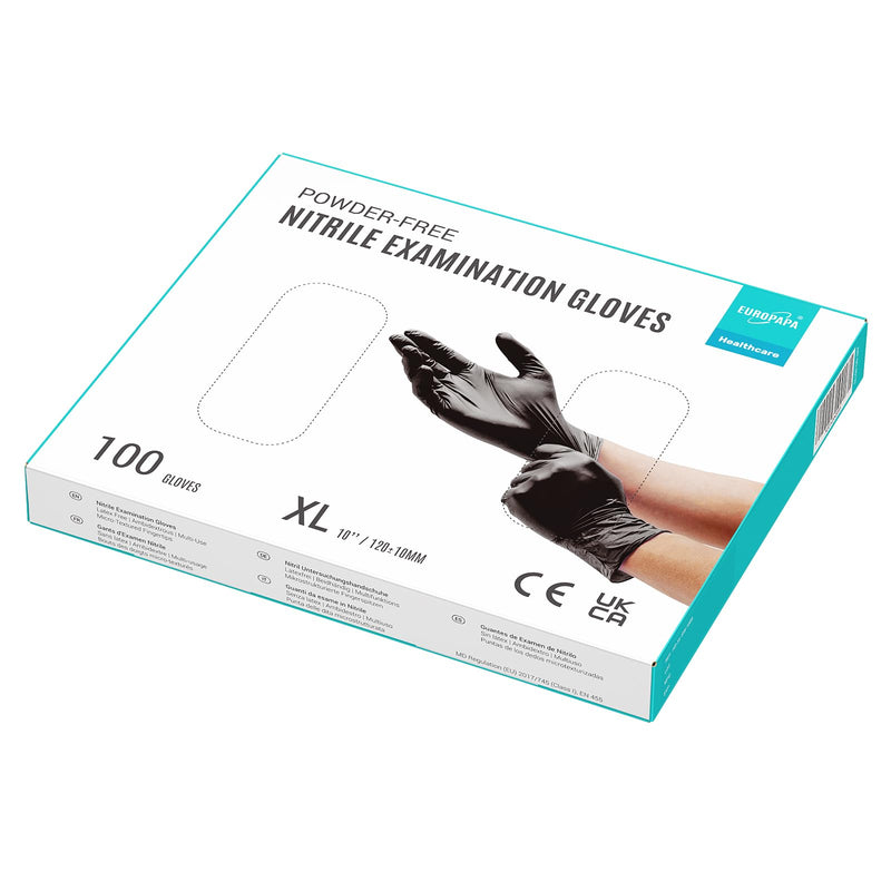 EUROPAPA® Nitrile Gloves, Box of 100, Disposable Gloves, Examination Gloves, Powder–Free, Latex, Non–Sterile, Latex Free, Disposable Gloves (XL, Black) XL