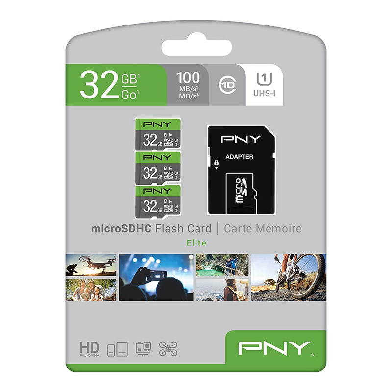 PNY 32GB Elite Class 10 U1 microSDHC Flash Memory Card 3-Pack - 100MB/s, Class 10, U1, Full HD, UHS-I, micro SD FLASH CARD - 3 PACK