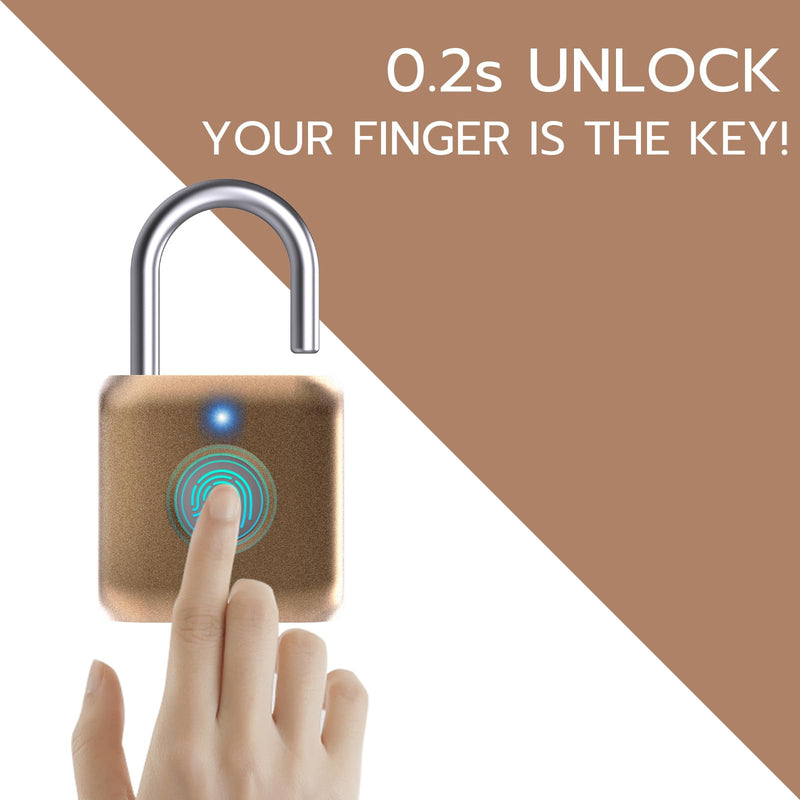 Pothunder Fingerprint Padlock, Smart Padlock, Locker Lock, Biometric Metal Keyless Fingerprint Lock, USB Rechargeable, for Gym Locker, Luggage, Backpack(Placer Gold) Placer Gold