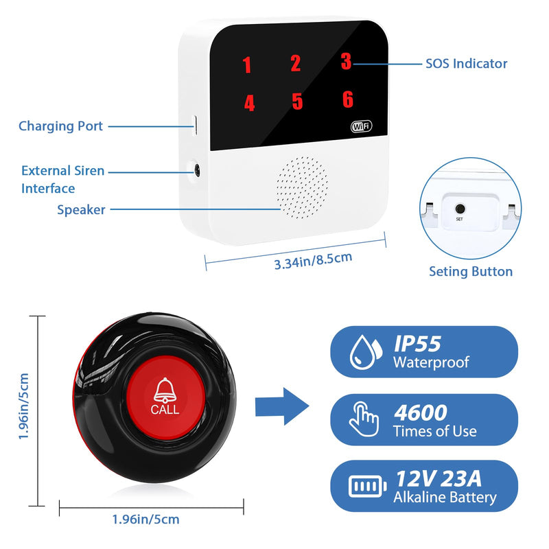 WiFi Smart Wireless Caregiver Pagers for Elderly Alert Button That Calls Cell Phone Caregiver Alert System with LED Number Display 2 SOS Call Button 1 Receiver(Only Supports 2.4GHz & No Monthly Fee) 2 Button & 1 Receiver