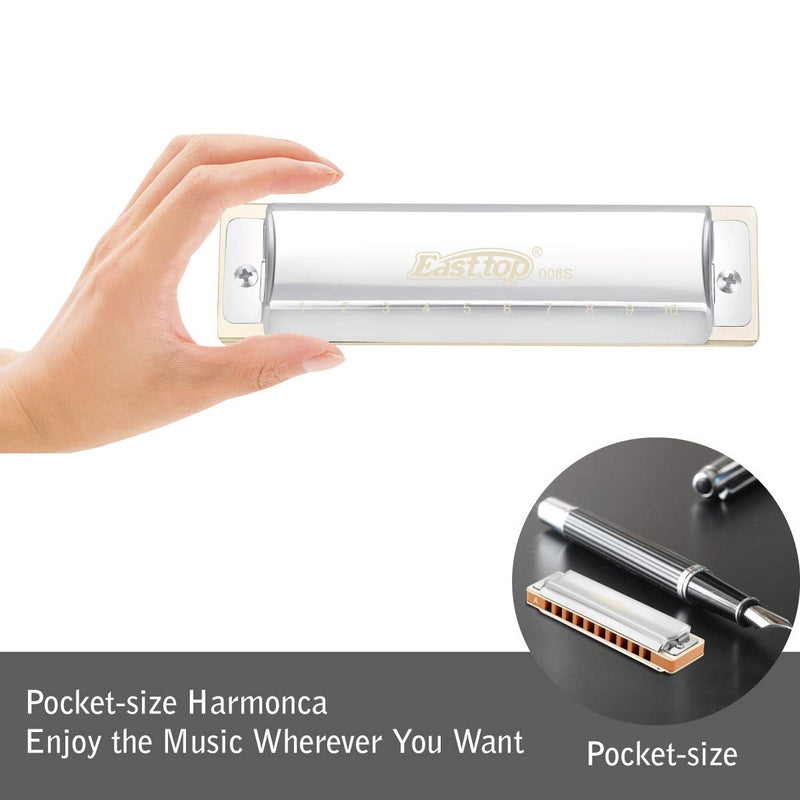 East top 10 Holes Professional Diatonic Blues Harmonica Key of A with Silver Cover, Probgrade Harmonicas For Adults, Professional Player and Students