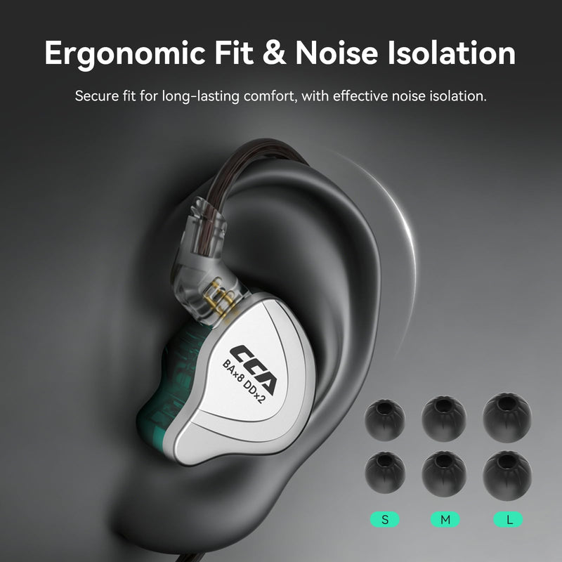 CCA C10 Five Drivers Hybrid in Ear Monitors in Each Side，HiFi 4BA 1DD High Resolution Earphones/Earbuds with 3.5mm Gold Plated Plug Detachable Cable 2pin 0.75mm Wired Earbuds(Black Without mic) C10 Black