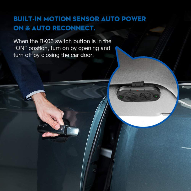 Besign BK06 Bluetooth 5.0 in Car Speakerphone with Visor Clip, Wireless Car Kit for Handsfree Talking, Motion Auto On, Siri Google Assistant Support, Dual 2W Speakers Metal Gray