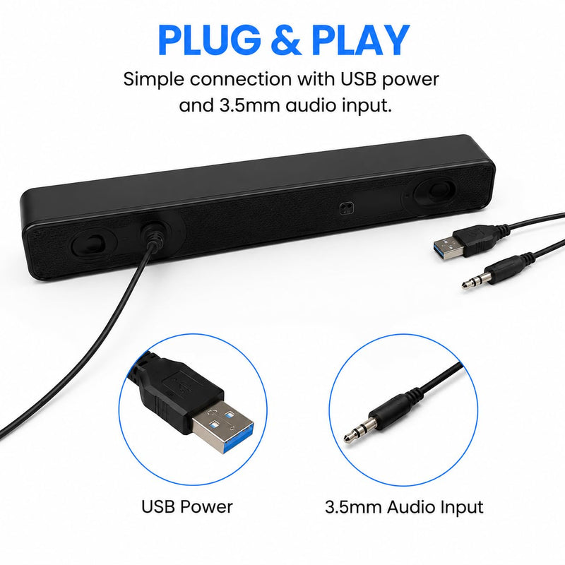 Computer Speakers USB Powered Wired Stereo with Illuminated Volume Knob and 3.5mm Aux Plug for PC Desktop Laptop Office with Clear Audio Easy Setup and Portable Design Black