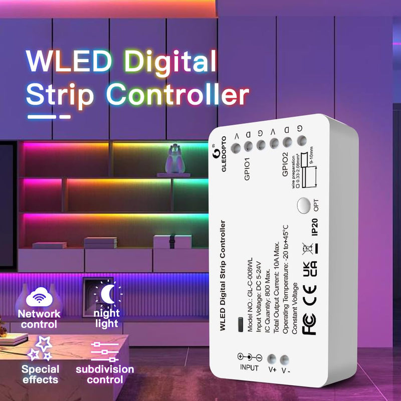 GLEDOPTO WLED Digital Strip Light Controller WiFi DC5-24V Support WS2812 2811 SK6812 and Other RGB RGBW Strip Lights 800 ICs DIYable
