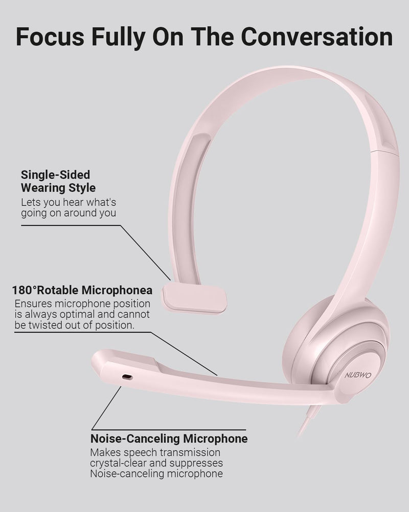 NUBWO HW02 USB Headset with Microphone Noise Cancelling &in-line Control, Ultra Comfort Computer Headphones for Laptop pc, On-Ear Wired Office Call Center Headset for Boom Skype Webinars (Pink) 1 pack Pink