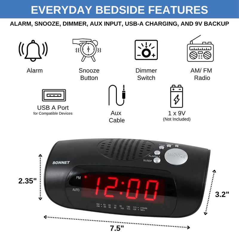 Digital Alarm Clock Radio for Bedroom with AM/FM Radio, USB Charging Port for Phone, Red LED Display, Wake to Radio or Buzzer, Snooze, Sleep Timer, AUX Input, Battery Backup
