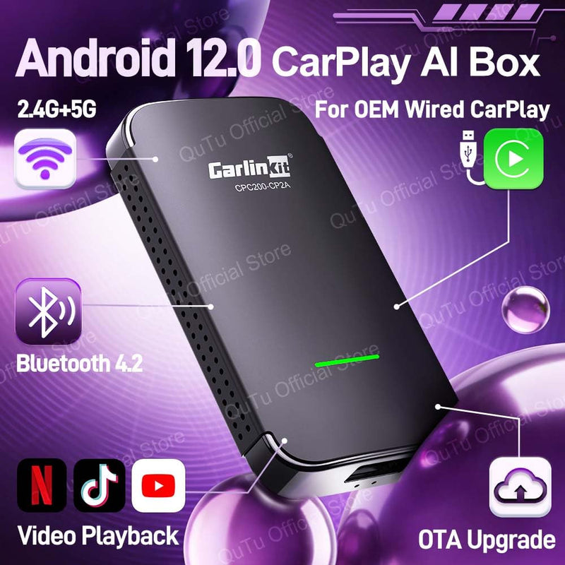 CarlinKit Wireless CarPlay & Android Auto Adapter CP2A Pro AI Box | Supports Mainstream Streaming Video (Built-in), Voice Button etc. Easy to use Plug-and-Play, Wired CarPlay to Wireless