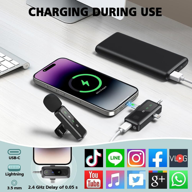 [AUSTRALIA] - Mini Microphone,3 in 1 Wireless Lavalier Microphones for iPhone/iPad/Android/Camera(Lightning/USB/3.5 mm Jack),2 LED Display Bluetooth Microphone Mute/Noise for Video Recording Vlog,Youtube, Tiktok Black LED（3 in1） 