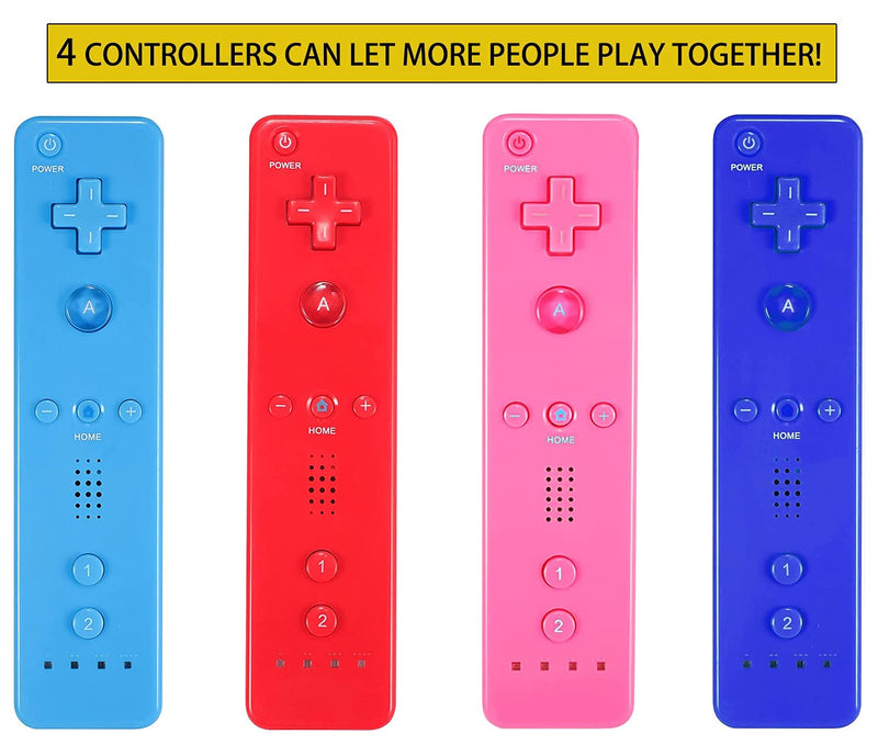 4 Packs Classic Remote Controller Compatible for Wii Wii U Console, Gamepad with Soft Silicone Sleeve and Wrist Strap (Red+Blue+Pink+Dark Blue) Red+Blue+Pink+Dark Blue