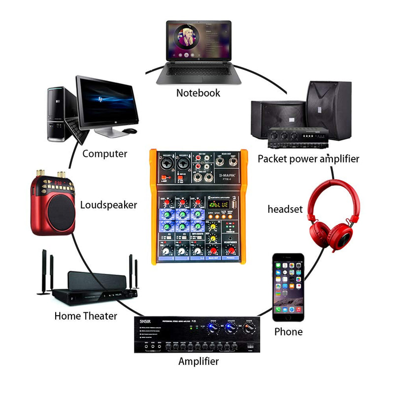 G-MARK Analog Mixer Audio 4 Channel DJ Audio Mixer Bluetooth Studio Karaoke For PC Live Performance KTV Home Stage Music Effects Sound Card Protable Mixing Console PTM-4