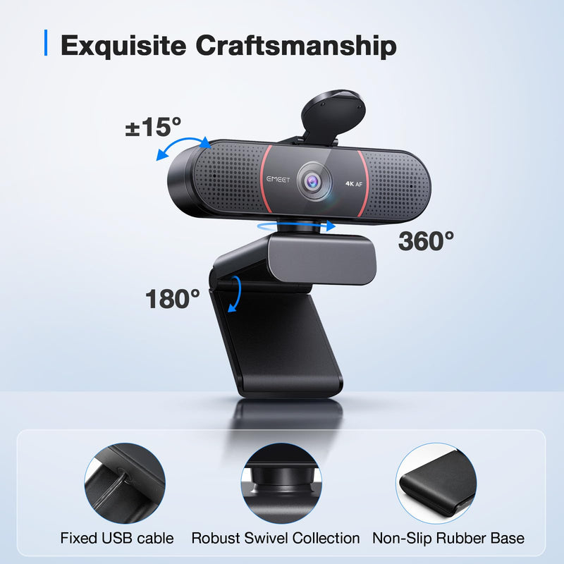 EMEET C960 4K Webcam for PC, PDAF Auto Focus, Dual Omni Mics, 73° FOV | Auto Light Correction, USB-A, Plug&Play, Web cam 4K with Privacy Cover, Webcam 4K Works for Zoom/Teams/Google Meet, Laptop/PC