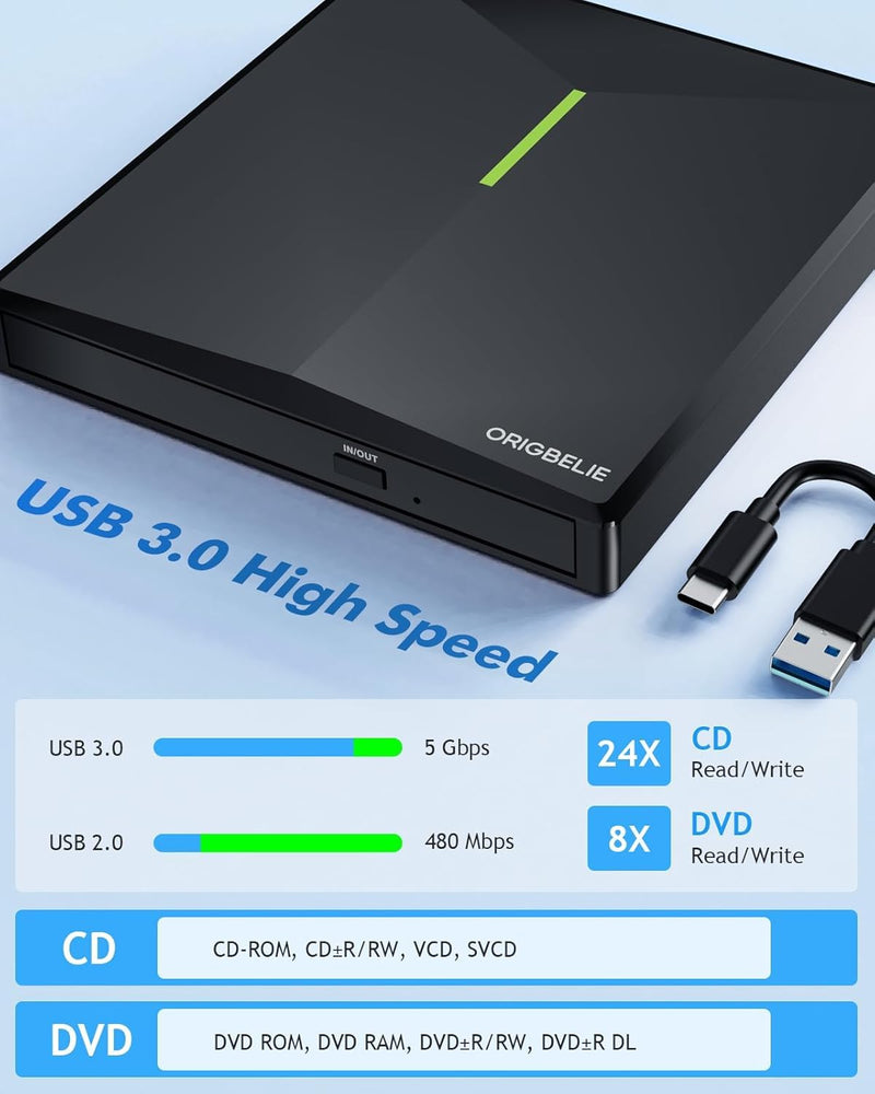ORIGBELIE External CD/DVD Drive for Laptop, USB 3.0 DVD Player with 4 USB Ports & 2 TF/SD Card Slots, Portable CD/DVD +/-RW Drive Burner Reader Writer for Desktop PC Windows 11/10/8/7 Linux Mac OS RGB Black