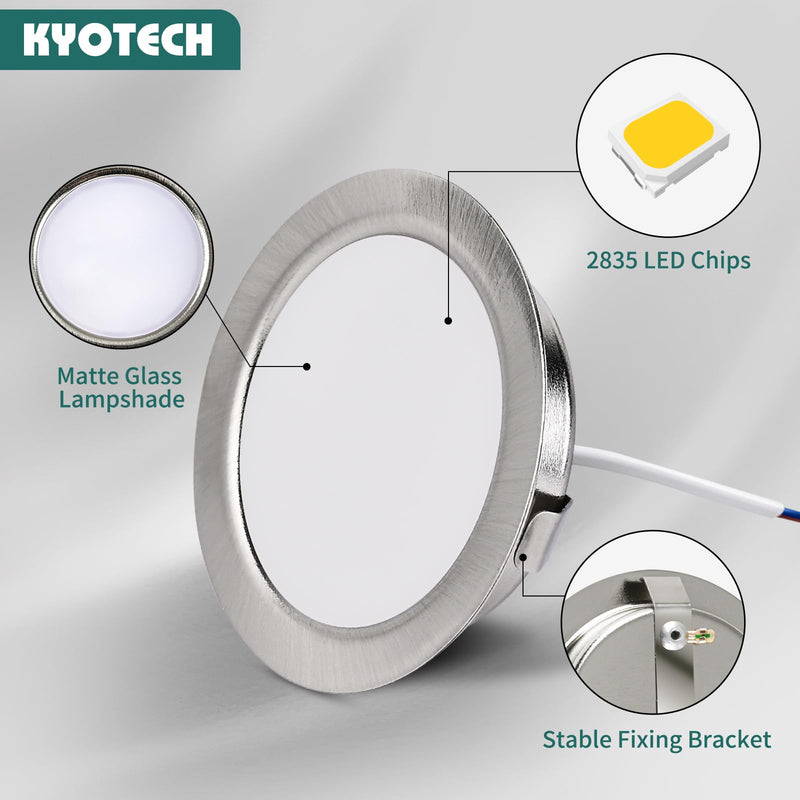 KYOTECH LED Recessed Spotlight 230 V Dimmable, 3 W 3000 K Warm White LED Spot Ultra Flat 300 LM Bore Hole 55-58 mm and 15 mm Flat IP44 Furniture Recessed Spotlights for Mirror Cabinet, Nickel Set of 3 3 pieces Brushed Nickel