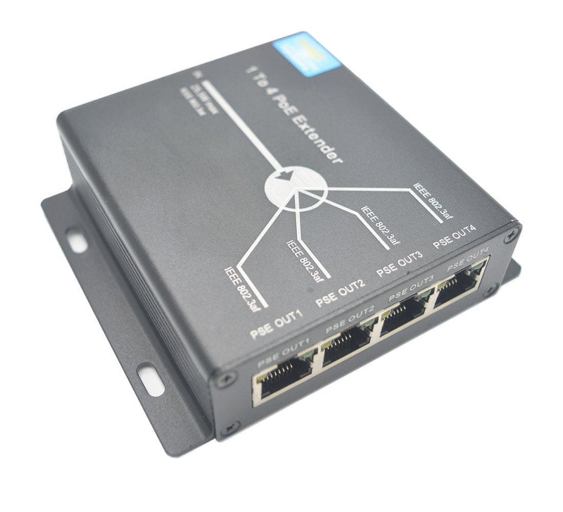 OdiySurveil(TM) 4-Port 10/100M IEEE802.3at (Power-in) to IEEE802.3af (Power-Out) PoE Extender for Ethernet/PoE Power
