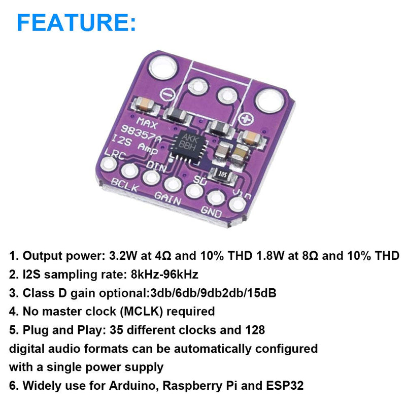 Youmile 2pcs MAX98357 Audio Power Amplifier Module I2S Class D Filterless Audio Amplifier Board for Raspberry Pi with Dupont Cable
