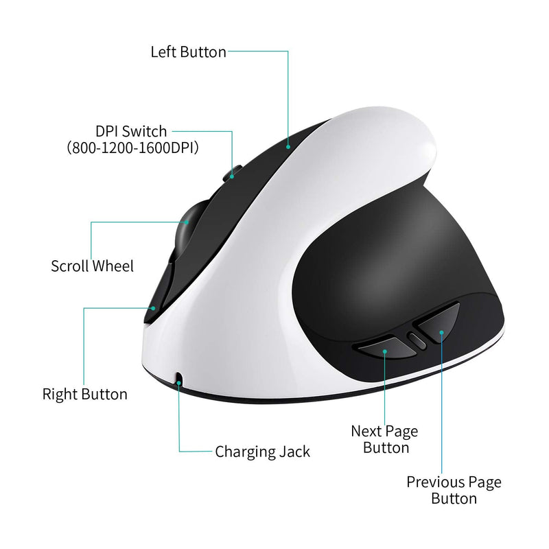 Vertical Mouse, AURTEC Rechargeable 2.4G Wireless Ergonomic Mice with USB Receiver, 6 Buttons and 3 Adjustable DPI 800/1200/1600, White