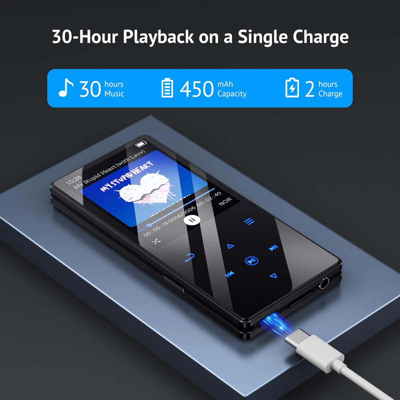 64GB MP3 Player with Boosted Bluetooth 5.0, Music Player Features HD Speaker, 2.4" Screen, Touch Buttons, Expandable SD Card Slot, Supports FM Radio, Voice Recording, E-Book, and More