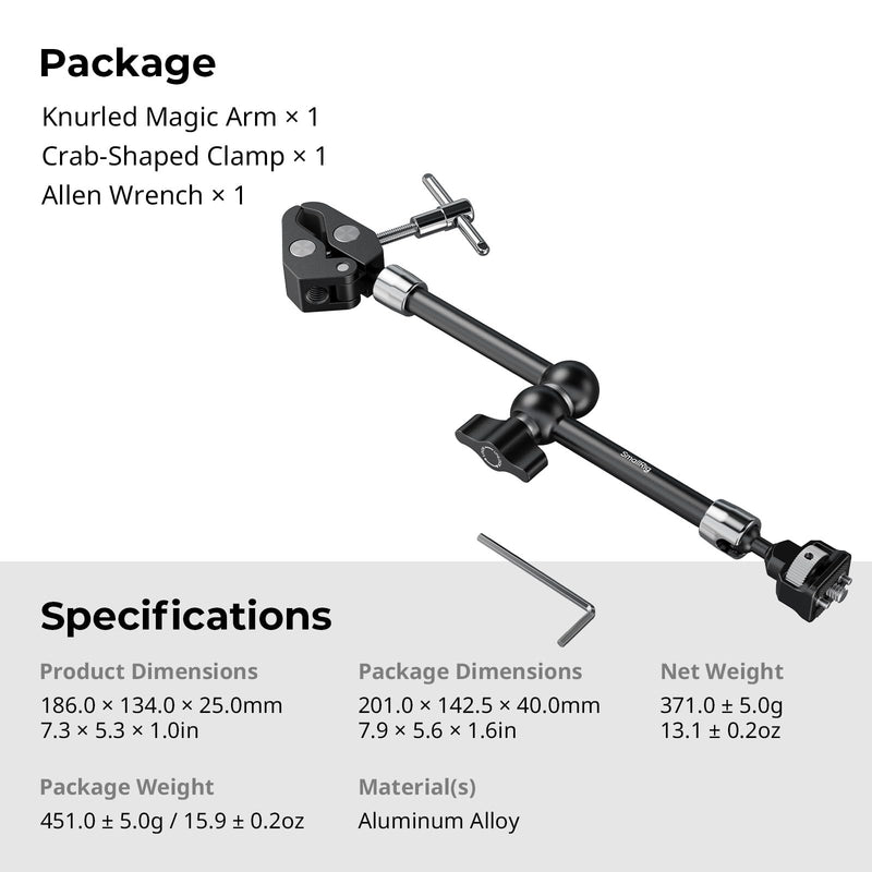 [AUSTRALIA] - SMALLRIG 11 Inch Magic Arm with Crab-Shaped Clamp, Arm with 1/4"-20 Screw and Retractable Pins, for Action Cameras, Monitors, Video Lights, and Microphones - 5311 11 Inches 