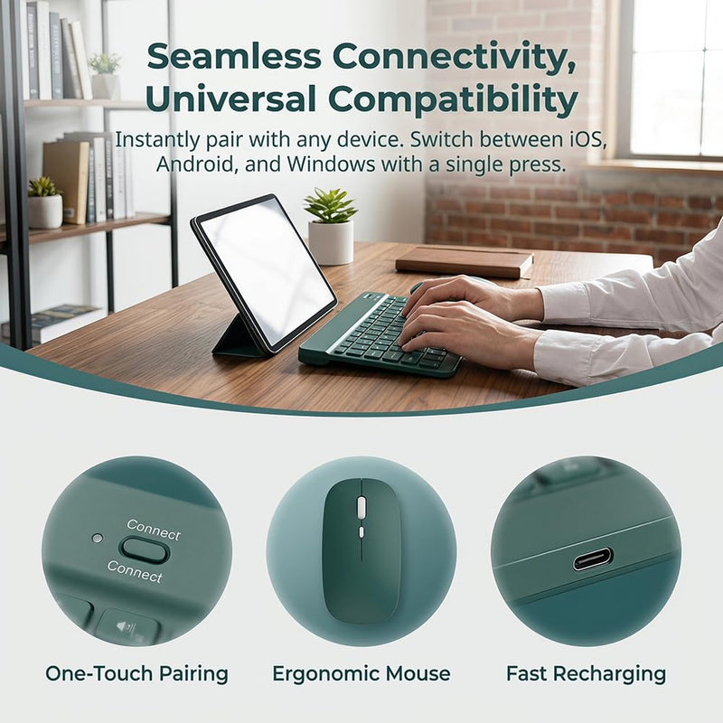 10 Inch Wireless Keyboard and Mouse Combo, Slim Portable Quiet Set for Tablet, Phone, Laptop, Home Office Use(Green) Green