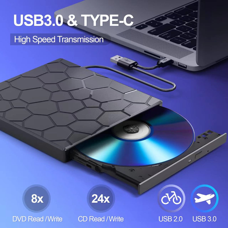 BPAKDU External CD/DVD Drive for Laptop, DVD Player for Laptop, 8 in 1 USB 3.0 Ultra-Slim Portable, CD Burner External Disk Drive Optical Compatible with Desktop Mac,Windows 11/10/8/7 Linux Black