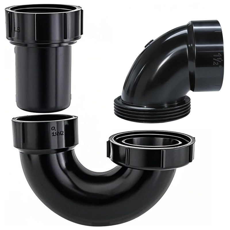Lesso ABS Adjustable P Trap1 1/2 Inch for RV Drain Bathroom Kitchen Sink Drain Pipe Tubular Kit with White Threaded Adapter Ring 1-1/2 x 1-1/2 Inch P trap-B