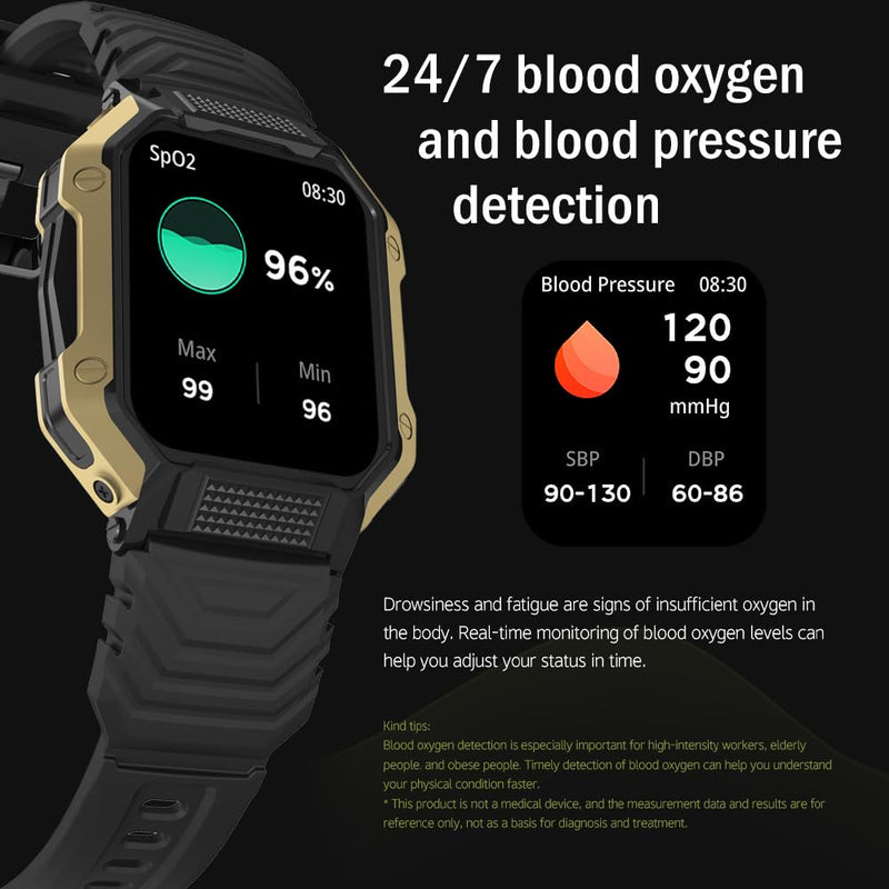 1.83" Large Screen Military Smart Watches for Men Make/Answer Call Tactical Blood Pressure Watch with Heart Rate/Blood Oxygen Monitor 100+ Sport Modes Fitness Watch for Android iOS Phones black gold