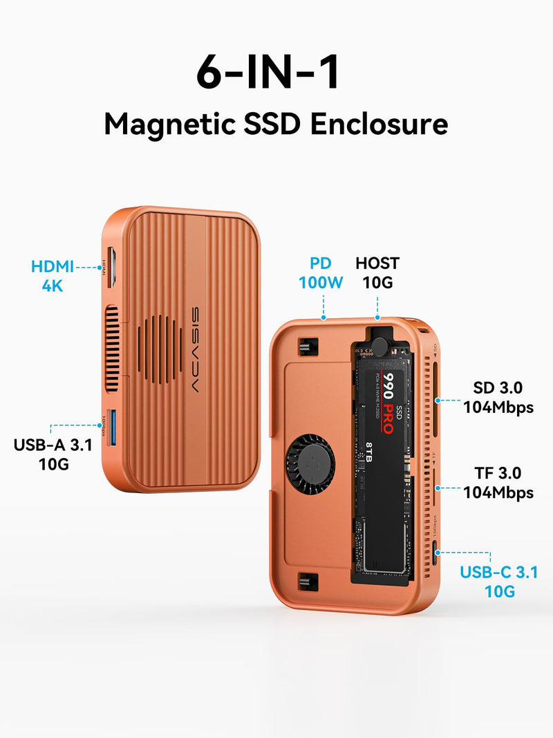 ACASIS 10Gbps Magnetic M.2 NVMe SSD Enclosure With 4K ProRes Recording M.2 EnclosureCompatible IPhone 17/16/15 Pro/Pro Max Magnetic SSD Enclosure with Cooling Fan For Video Editor/Blogger/Videographer orange