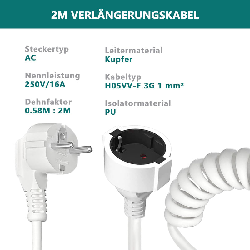 Protective Contact Extension, Spiral Extension Stretchable from 0.58 m to 2 m Max, IP20 Extension Cable, Extension (230 V/16 A), Spiral Cable with Schuko Plug and Coupling, White