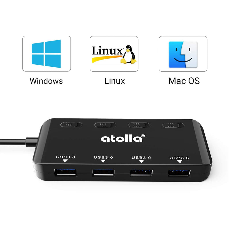 USB 3.0 Hub Splitter - USB Extender 4 Port USB Ultra Slim Data Hub with Individual Power Switch and LED 0.5 FT