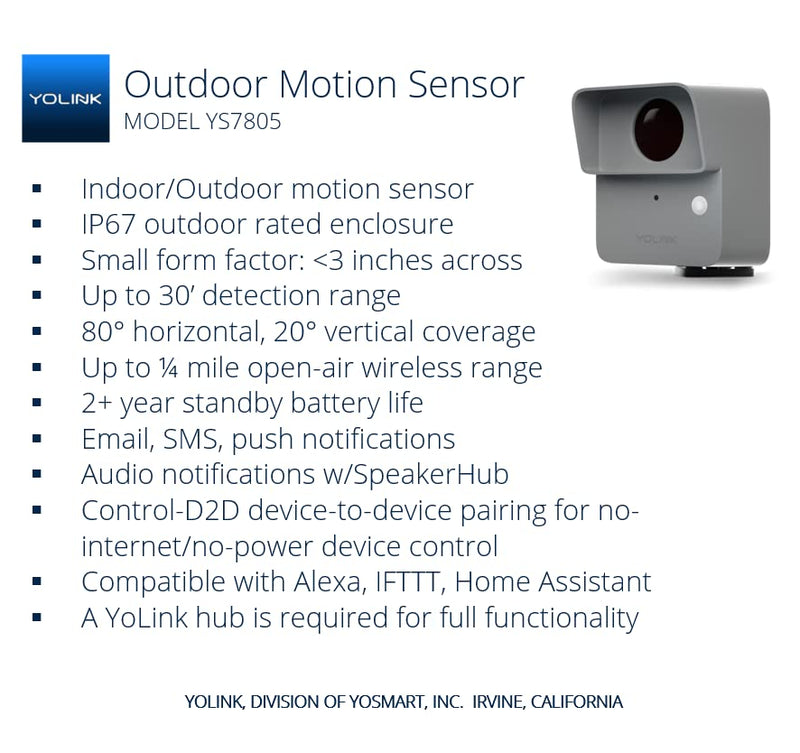 YoLink LoRa Smart Outdoor Motion Sensor, Driveway Alert, Property Invasion/Tresspassing Detector, 1/4 Mile Open Air Range, Email/SMS/Push Alerts, Alexa, IFTTT, Home Assistant (Hub Included!) Outdoor with Hub