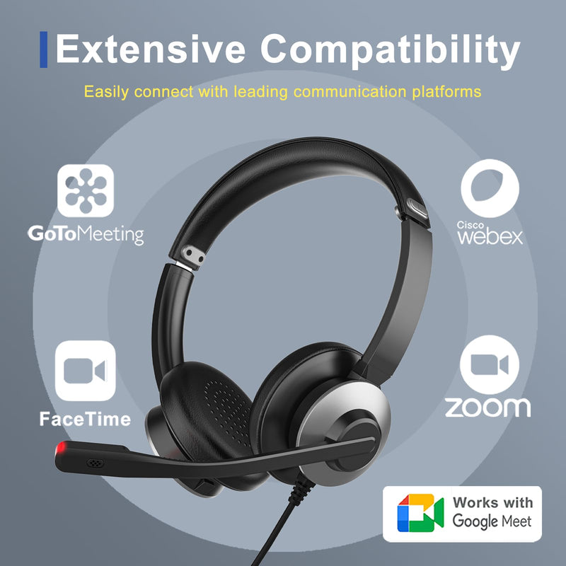 Earbay USB Headset with Microphone for PC, Headset with Mic, Computer Headset with Noise Canceling Microphone for Laptop, Wired Headphones with Mic for Home/Office/PC/Cell Phones Black&Grey