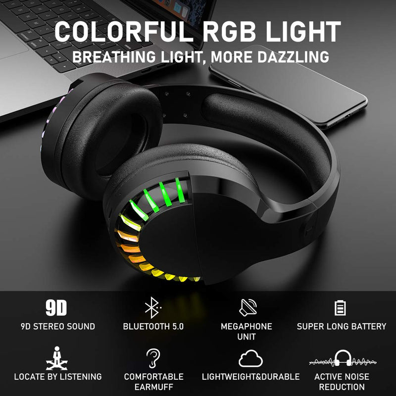 Wireless Bluetooth Headphone with Noise Cancellation HiFi Stereo Sound Mic Deep Bass Protein Earpad Rainbow RGB Backlight Rechageable Over Ear Headset for PC Mac Game Travel Class Home Office(Black) Black
