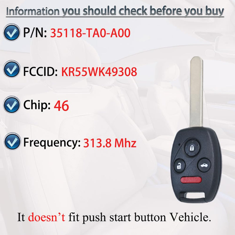 Key Fob Fits for Honda Accord 2008 2009 2010 2011 2012 (Sedan Only) / Pilot 2009- 2013 2014 2015 KR55WK49308 Remote Control Head Key Replacement 35118-TA0-A00 ID46