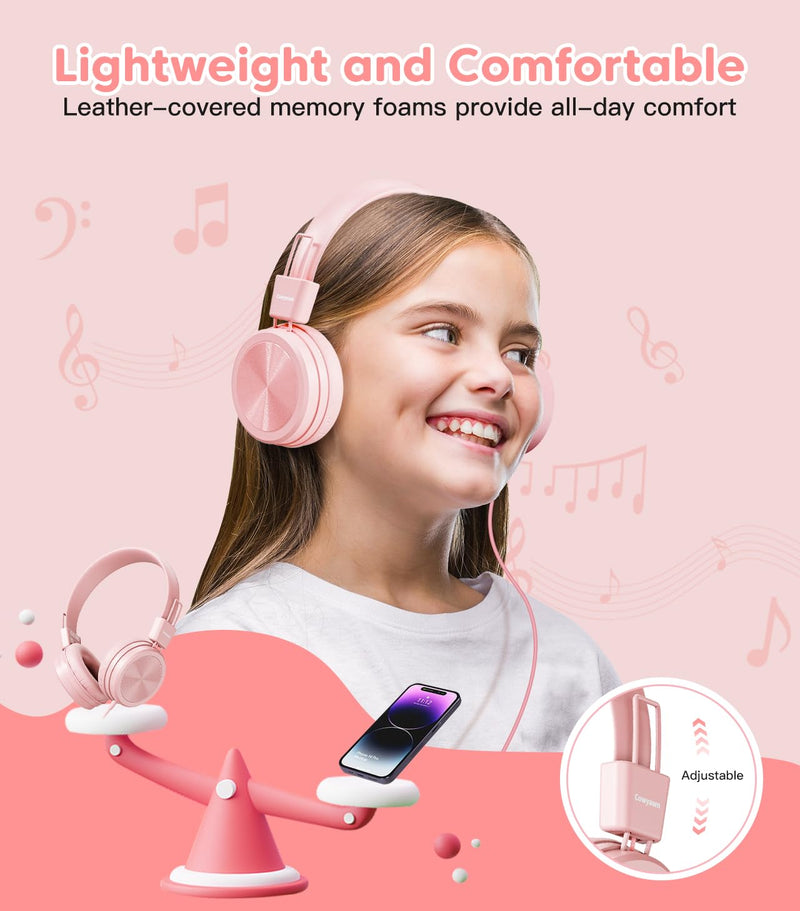 [AUSTRALIA] - Kids Headphones, Toddler Headphones with Safe Volume Limiter 94dB, Wired School Headphones for Kid, 3.5mm Adjustable On-Ear Headphones for Boys/Girls/Children/Teens/iPad/Computer, Light Pink Plug 3.5mm 