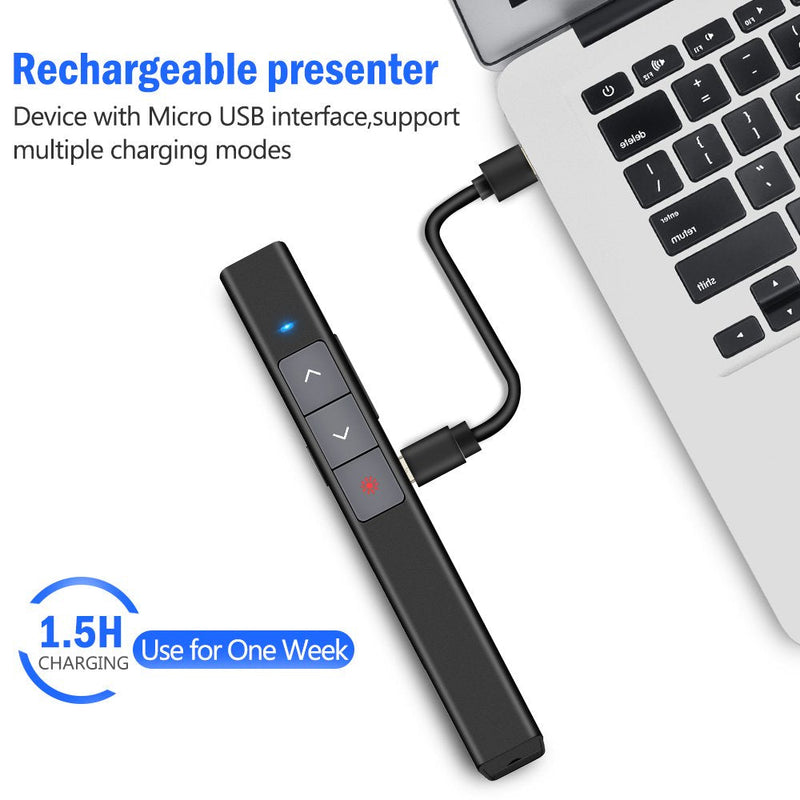 DinoFire Rechargeable Presentation Clicker, 100FT Long Range USB Wireless Presenter Remote Pointer for Presentations, Slide Advancer for Mac, Laptop, Computer Rechargeable+Red