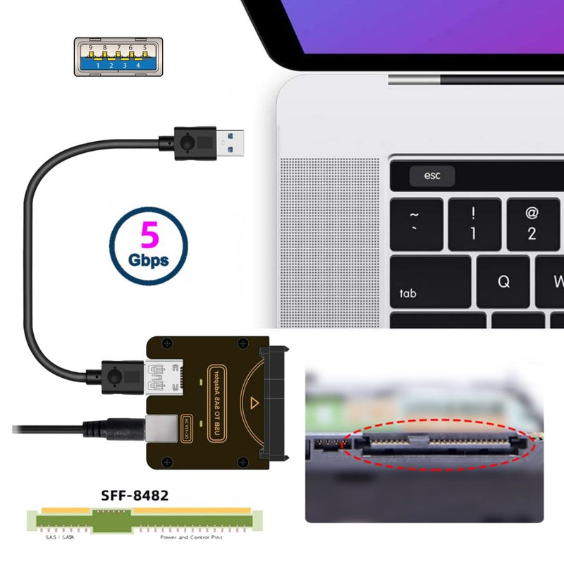 chenyang USB 3.0 to SAS Adapter for 2.5/3.5" SFF-8482 SAS Hard Disks to USB Converter Adapter with Power Supply (Need Power Supply to Work)