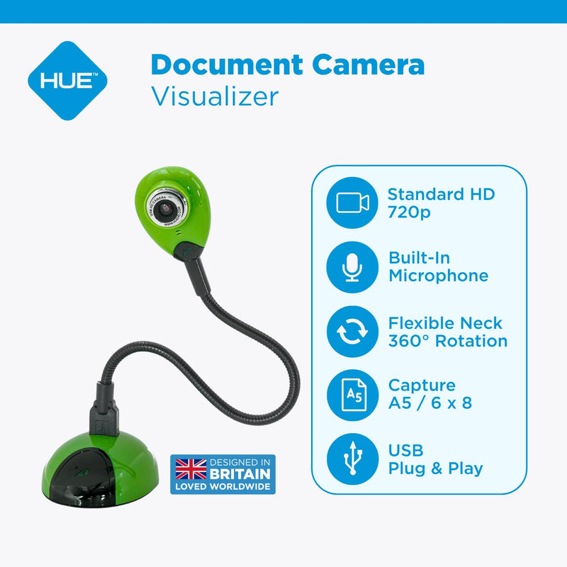 HUE HD Portable USB Camera for Video Conferencing or Classroom Use, Green | 720p Flexible Visualizer, Teaching/Streaming, Built-in Microphone, Carry Case, Windows/ChromeOS/MacOS/iPadOS 17+ Compatible Green Camera with Carry Case