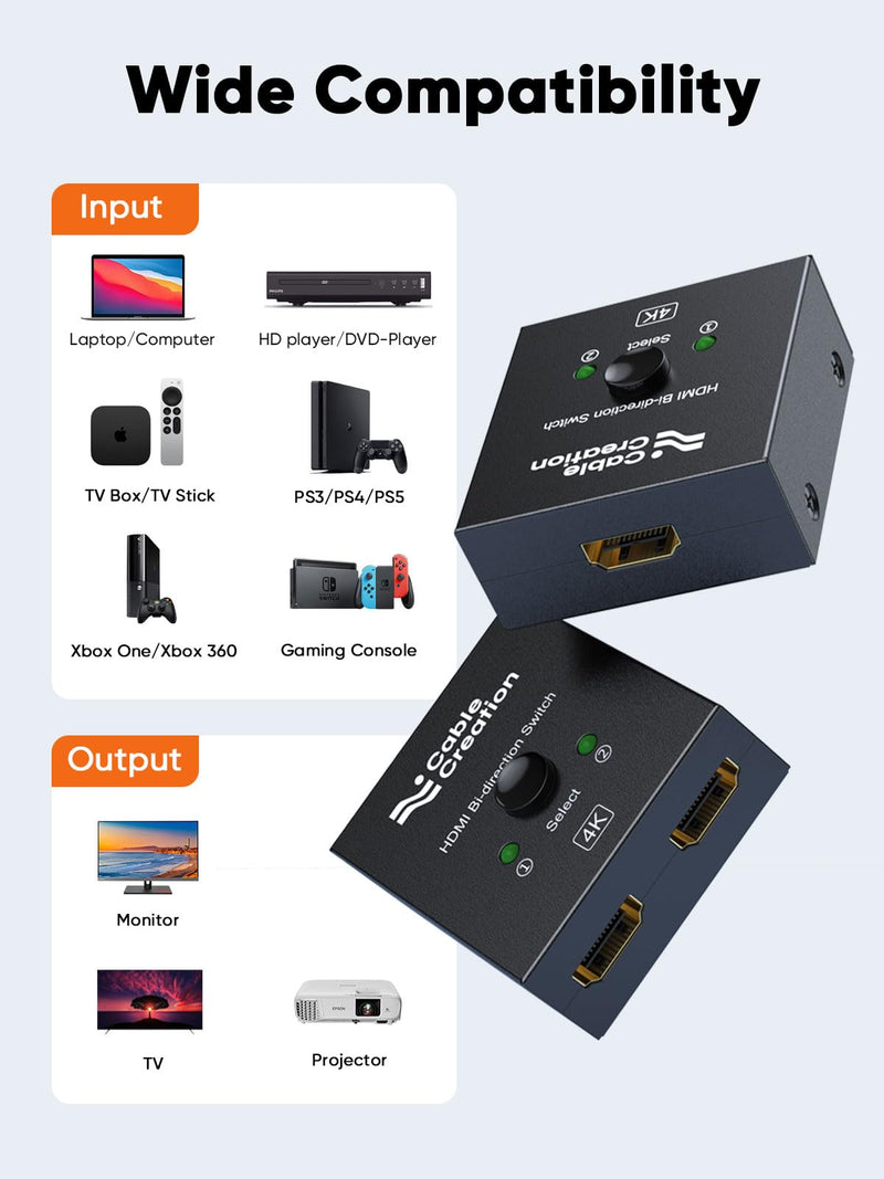 CableCreation HDMI Splitter 2 in 1 Out, 4K@60Hz HDMI Switch, Metal Case Bidirectional HDMI Switcher, HDMI Switch Box Compatible with PS5/4, Xbox, Roku, TV, Fire Stick, Blue-Ray Player etc