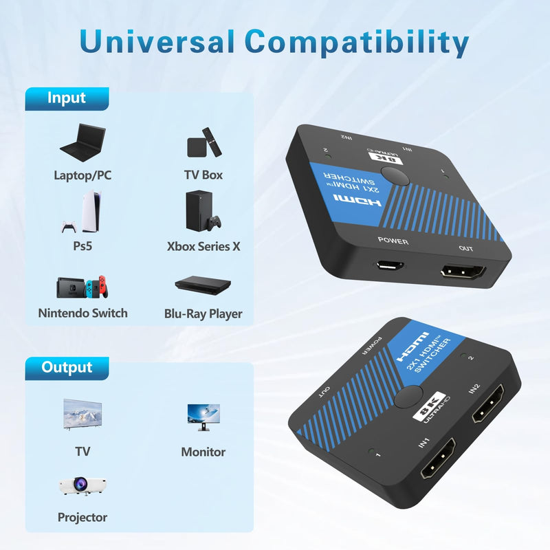 [AUSTRALIA] - 8K HDMI Switch 2 in 1 Out 4K@120Hz HDMI Switcher Support HDR10+, Dolby Vision, VRR, ALLM 