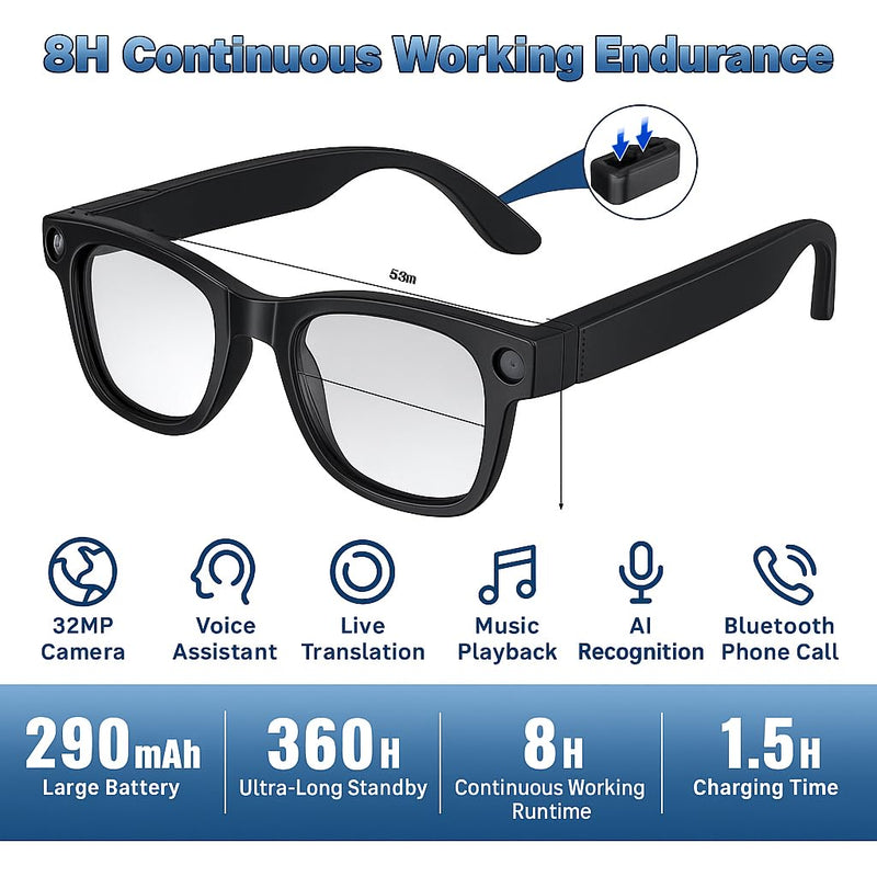 TREEFIA AI Smart Glasses with 1080P HD Camera, AI Real-Time Translation, Bluetooth Audio – Smart Glasses with Camera, Hands-Free Video Recorder for Travel, Sports, Outdoor Use (E03S Black) E03S Black